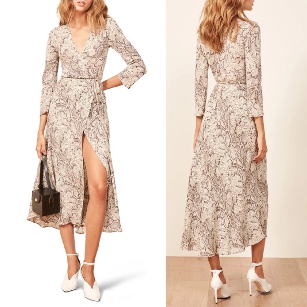 Reformation Beige Snake-Print Midi Wrap Dress